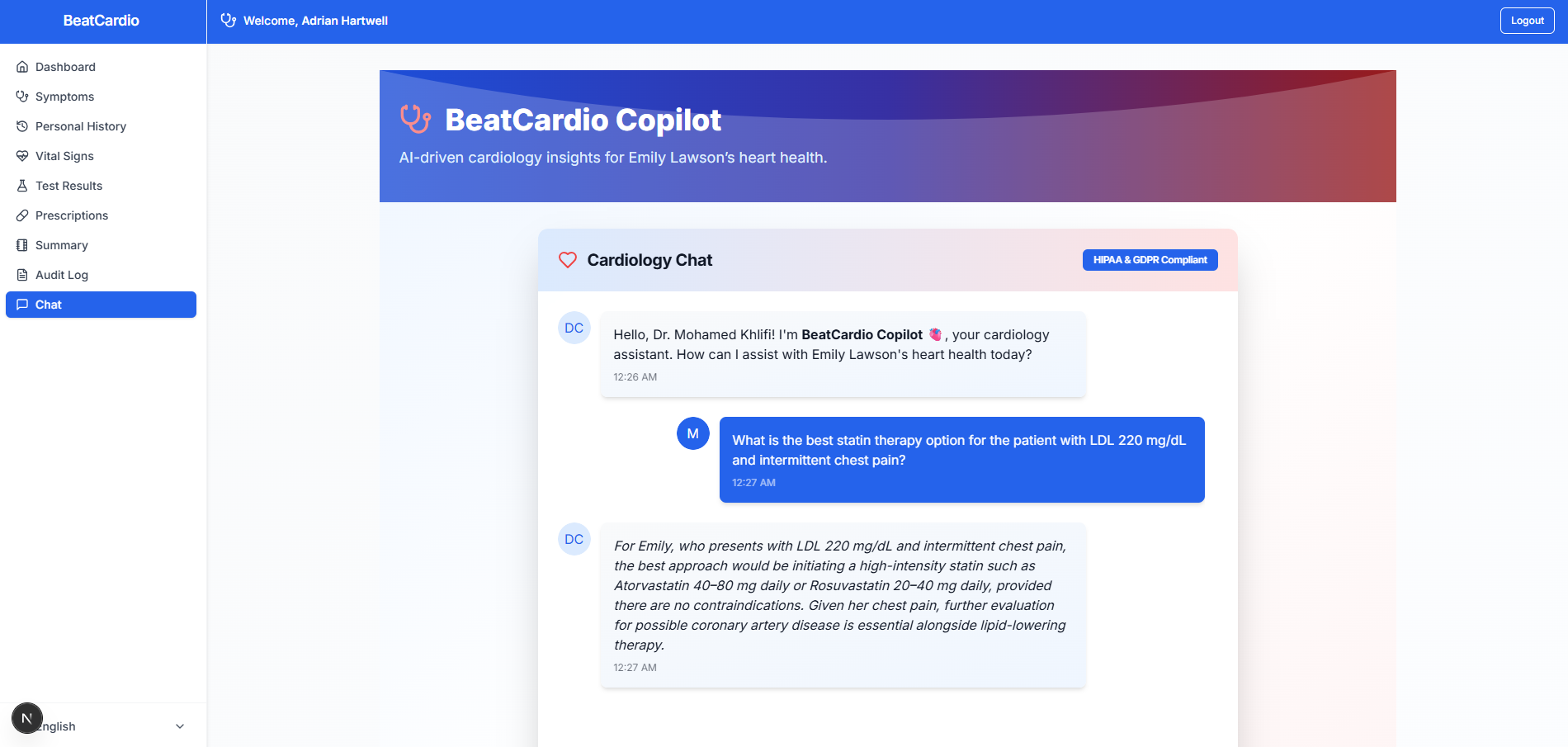 AI cardiology chat assistant providing intelligent clinical guidance and evidence-based cardiovascular recommendations