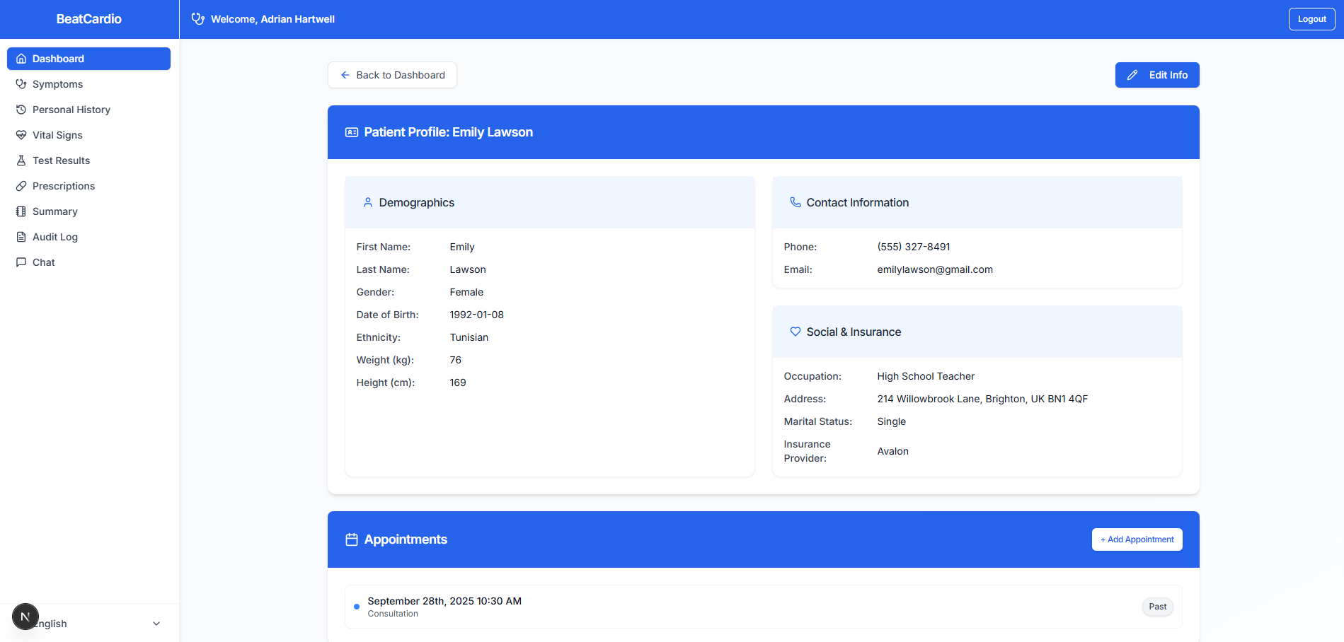 AI-powered patient cardiovascular health dashboard with heart disease risk assessment and vital signs monitoring