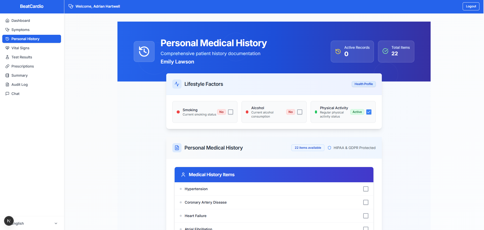 Comprehensive cardiac medical history management with AI-powered family cardiovascular disease tracking
