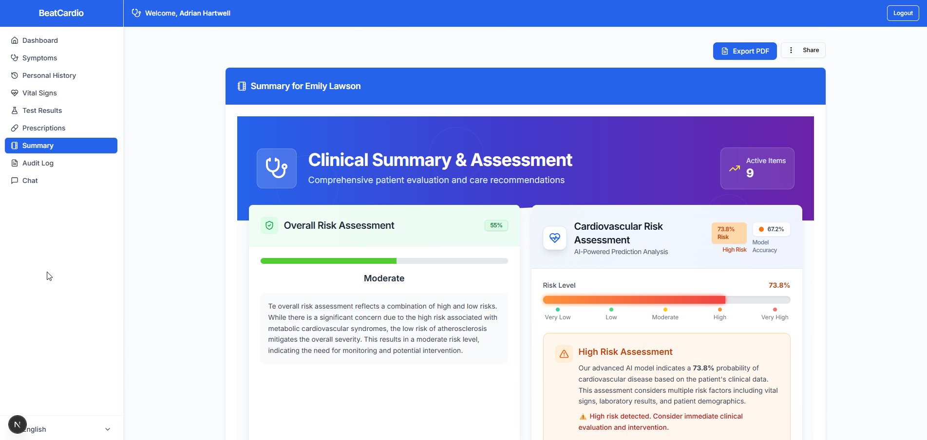 Artificial intelligence summary engine generating cardiovascular risk assessments and heart disease predictions