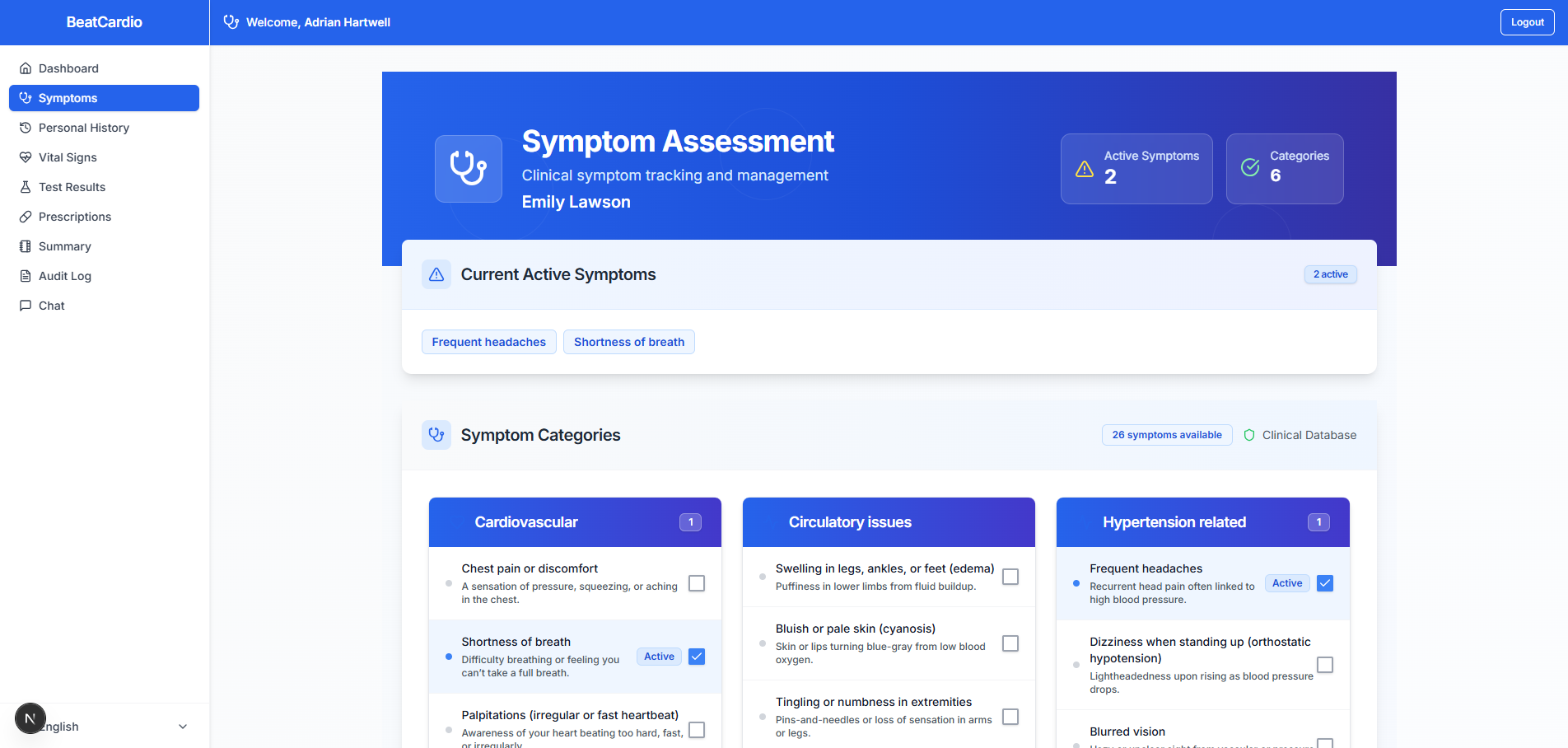 Intelligent cardiovascular symptoms tracking interface for chest pain, palpitations, and heart disease indicators
